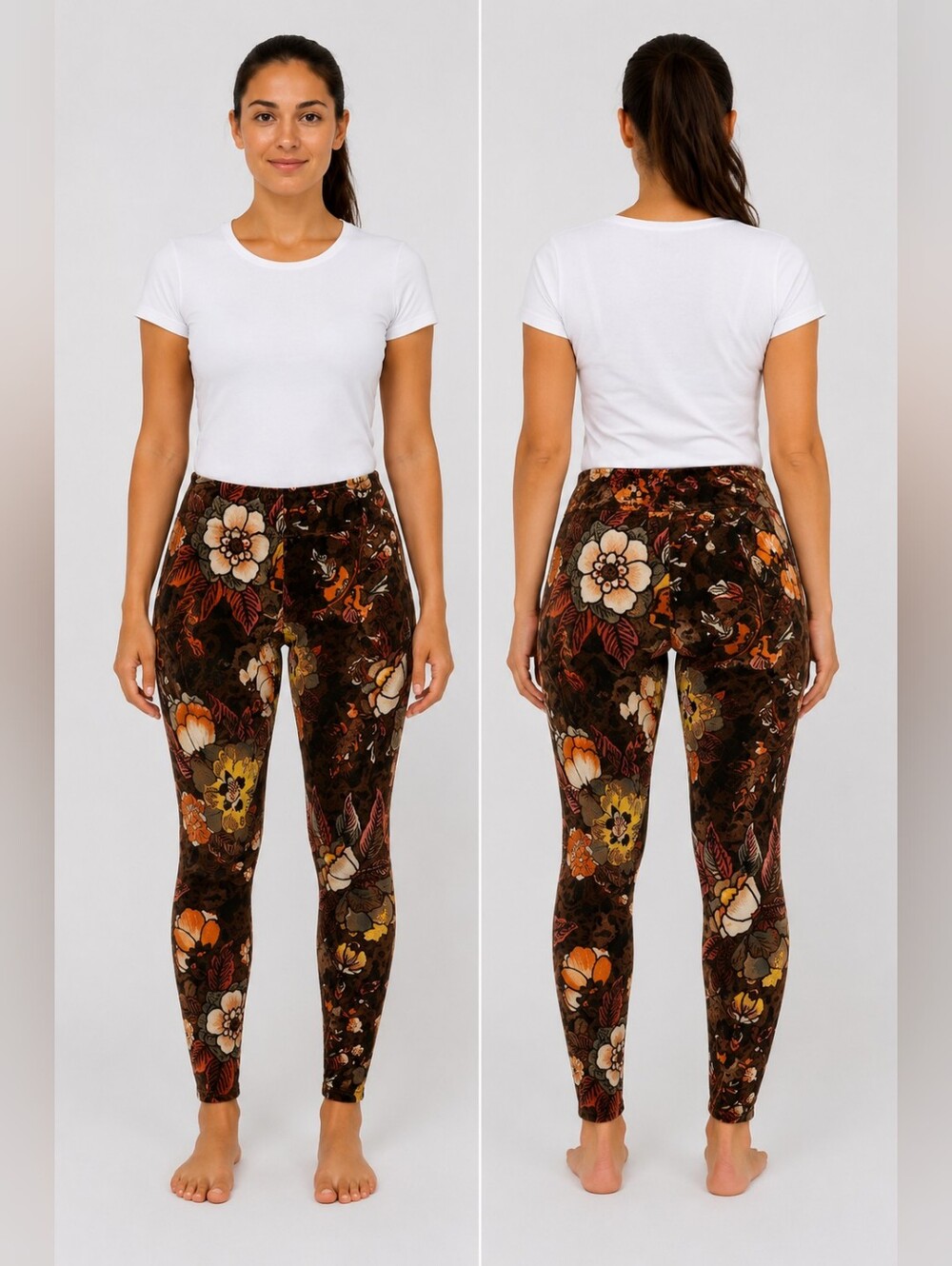 Brown Floral Velvet Leggings - Women